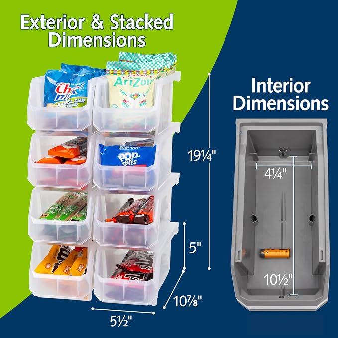 Medium Stackable Plastic Storage Bins, 8-Pack, Clear | Open-Front Stackable Bins For Garage, Pantry, Closet & Office, 11"L X 5,5"W X 5"H, Nests When Empty, Durable Plastic,