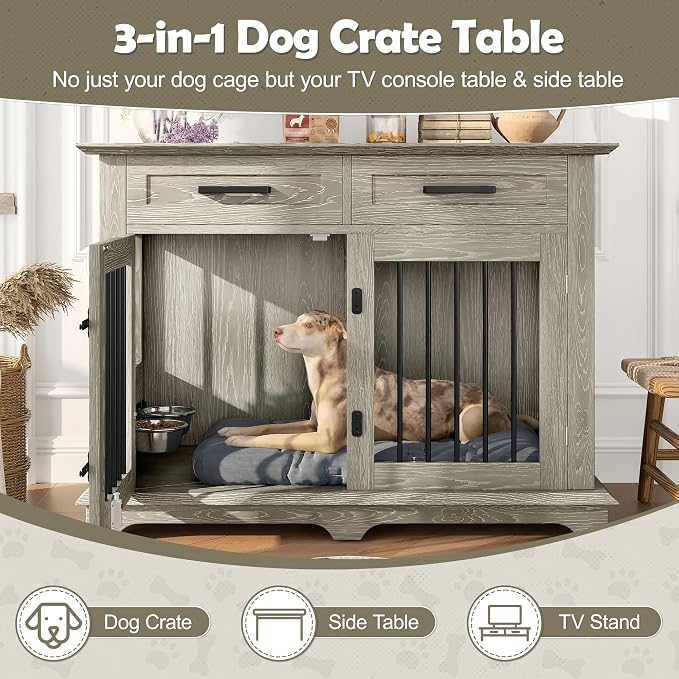 44.48" Large Dog Crate, 3-in-1 Wooden Dogs Crate End Table TV Stand Furniture with 2 Storage Drawers and Rotating Bowls, Decorative Pet House Dog Crates for Small/Medium Dogs, Gray