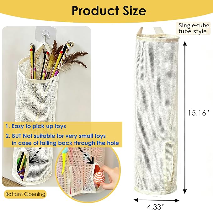 15.16" Cat Wand Toy Holder Organizer Storage Bag - Special Bottom Opening Design, Pet Kitten Stick Doy Toy Mesh Pockets for Cat Feather Teaser Toys Wall Hanging Basket Box Bin
