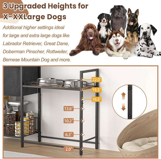 Lomivra Elevated Dog Bowls Stand for X-Large & Large Breed, 7 Adjustable Heights from 2"-22" Raised Dog Feeding Station with Toy Bin Basket, Lifted Dogs Food Bowl Holder Cabinet Pet Storage Organizer