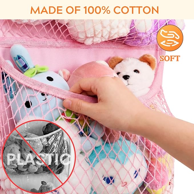 Over The Door Stuffed Animal Storage, Wide, Cotton | Toy Organizer for Storage Plush Toys, Stuffed Animal Holder with 4 Large Pockets, Hanging Door Organizer for Nursery