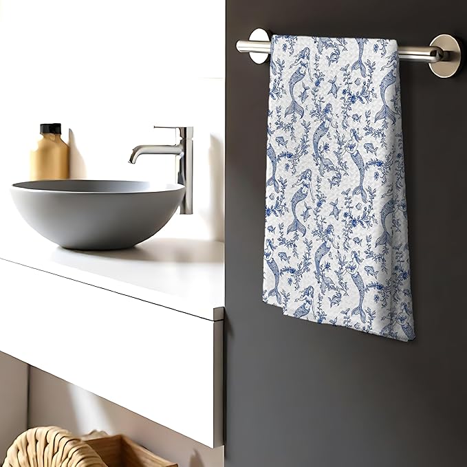 Nipi Chinoiserie Mermaid Kitchen Towels, Blue and White Botanical Grandmillennial Mermaid Decorative Hand Towels for Bathroom Decor，16x24 Inch