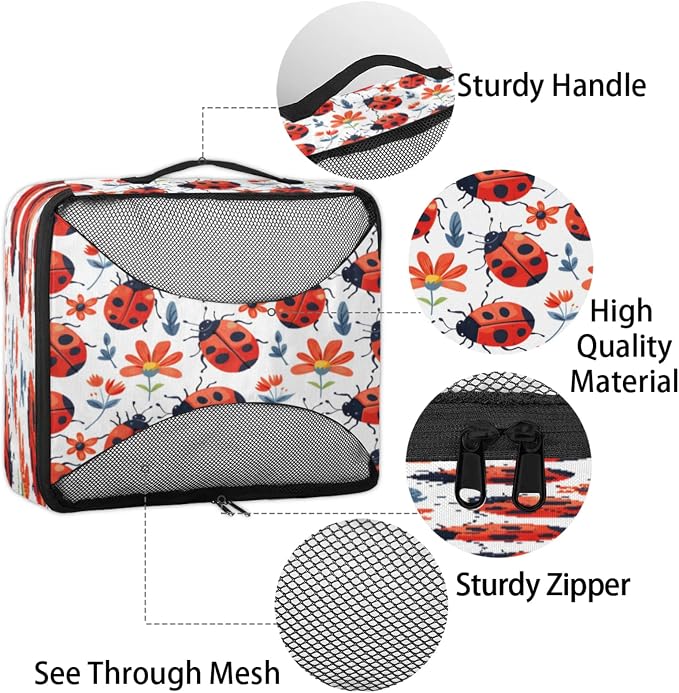 Packing Cubes for Travel, Cute Ladybird Travel Luggage Packing Organizers for Women Men, Large Custom Toiletries Bag for Cosmetics Toiletries, Red Ladybugs