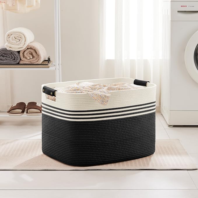 100L Large Woven Laundry Basket Hamper with Leather Handles,Black | collapsible wicker hamper, storage for dirty clothes, toys, blankets, gifts, living room, bedroom, bathroom, 24"x16"x16"