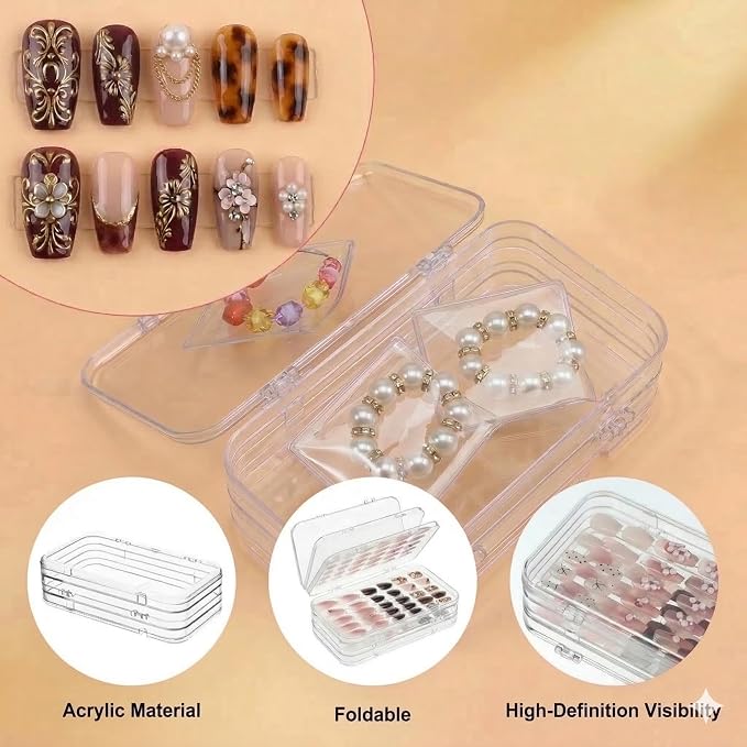 Inmorven Press On Nail Storage Box, Tri-Fold Transparent PET Nail Organizer Case with 30pcs Double-Sided Adhesive Tape, Portable 3-Layer Fake Nails Display Holder for Travel & Home