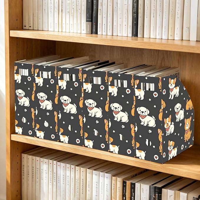 Emelivor Cute Pets Dogs Black Print Magazine Holder Set of 3 Desk File Organizer Foldable Vertical Folder Holder with Labels for Office Organization Book Bins for Library Classroom Home