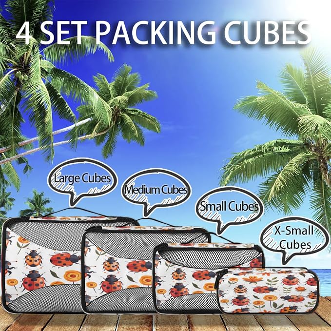 Packing Cubes for Travel, Floral Ladybugs Travel Luggage Packing Organizers for Women Men, Large Custom Toiletries Bag for Cosmetics Toiletries, Ladybugs Ladybird