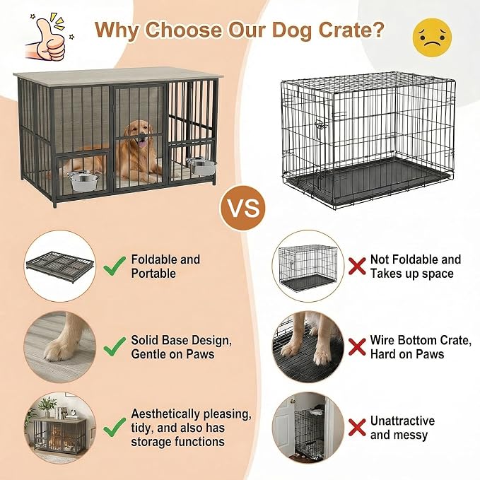 Hadulcet 41'' Foldable Dog Crate Furniture, Large Dog Kennel with 2 Bowls | Wooden Crate Table with Storage Top, Furniture Style Indoor Kennel for Small to Large Dogs with Rotating Food Door, Gray