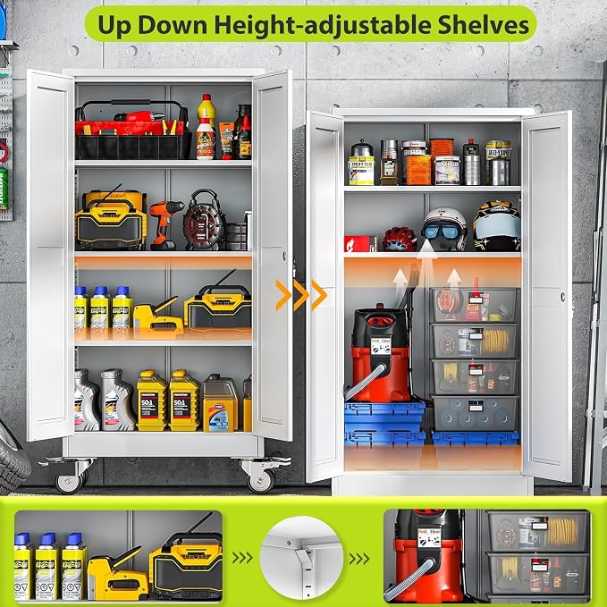 61-Inch Metal Garage Storage Cabinet with Wheels, Locking Doors and Shelves | 3 Adjustable Shelves, Locking Doors, Magnetic Closure, 360° Casters, Anti-Tip Kit, Cold-Rolled Steel