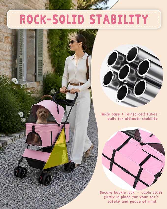 Pet Stroller, 3 in1 Foldable Dog Cat Stroller with Detachable Carrier-35lbs | Lightweight Foldable Dog Stroller, All-Terrain 4 Wheels, Compact Travel Pet Stroller for Small to Medium Pets-Pink