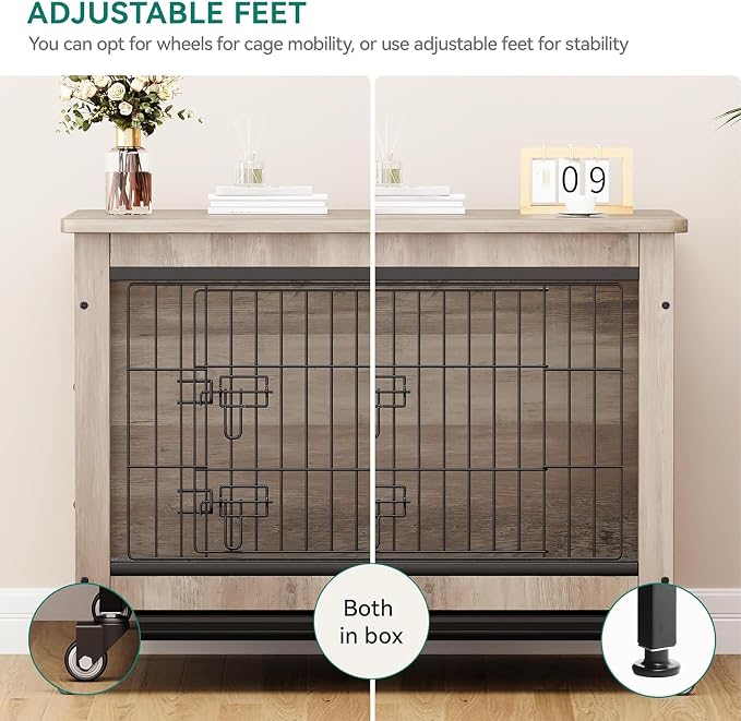 YITAHOME 27" Dog Crate Furniture with Wheels, Cushion & Tray | Dog Kennel Indoor End Table with Double Doors for Small Dog, Gray