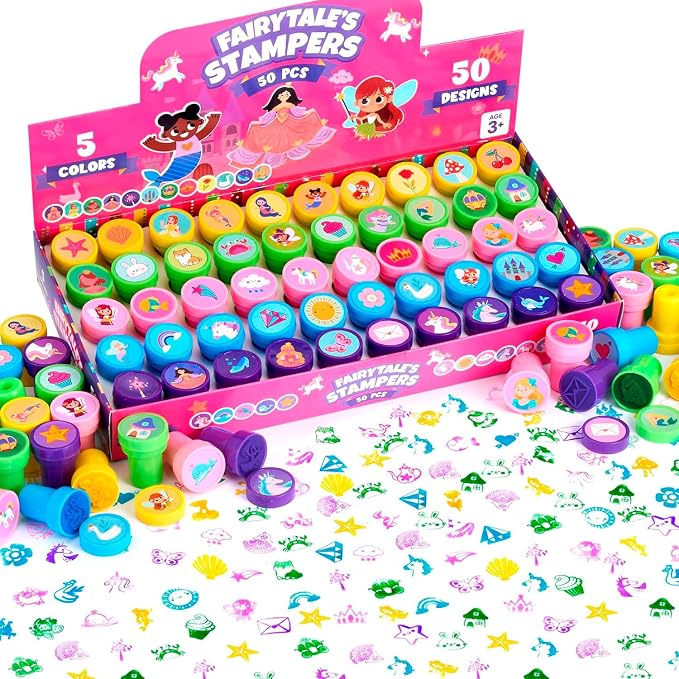 JOYIN 50 Pcs FairyTale's Themed Stamps for Kids - Self-Ink Stamps with 50 Designs for Birthday Party Favor, Carnival Prizes, Goodie Bag, School Treasure Box Toys (Mermaid, Princess, Unicorn Stampers)