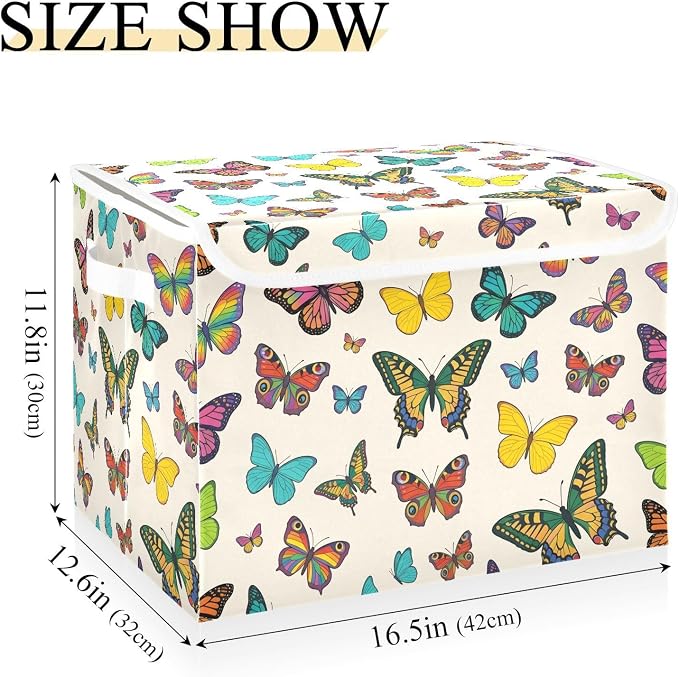 Storage Bins with Lid Colorful Butterfly Foldable Storage Boxes 40L Baskets | Decorative Storage Boxes, 300D Oxford Cloth, Hollow Board Frame, Flip Top Velcro Lid, 16.5x12.6x11.8 inch, Collapsible Design