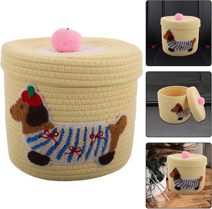Milisten Cute Dog Shaped Car Storage Basket with Dustproof Lid, Large Capacity Woven Cotton Rope Organizer for Pet and Items, for Car Interior Use