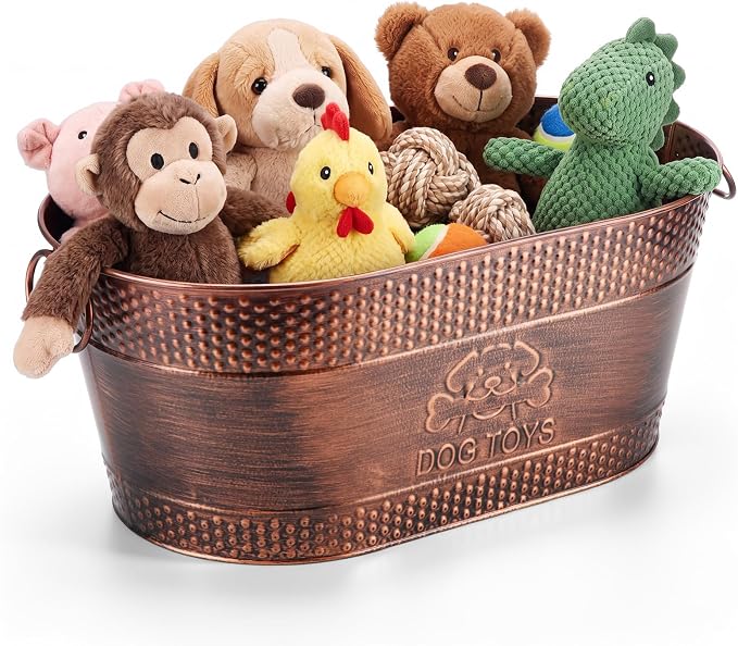 Zonon Metal Dog Toy Storage Bin with Handles 21 Quart Vintage Decorative Basket for Dog Ropes Food Living Room Decor, Galvanized Steel Pet Toy Organizer, 18x11.5x7.5 Inch(Chewing Stick)