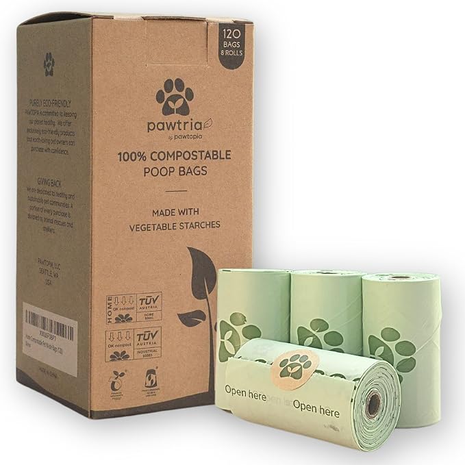 Pawtria Home Compostable Dog Poop Bag Rolls, 120 Bags, 8 Rolls | Leak-Proof Dog Poop Bags Made with Vegetable Starches, TÜV Austria Home Compost Certified, Easy Open Rolls