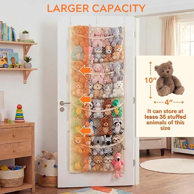 Wide Over The Door Stuffed Animal Storage, Cotton Toy Organizer for Plush Toys, Baby Supplies, Stuffed Animal Holder with 4 Large Pockets, Hanging Door Organizer for Nursery, Bedroom, Kids Room