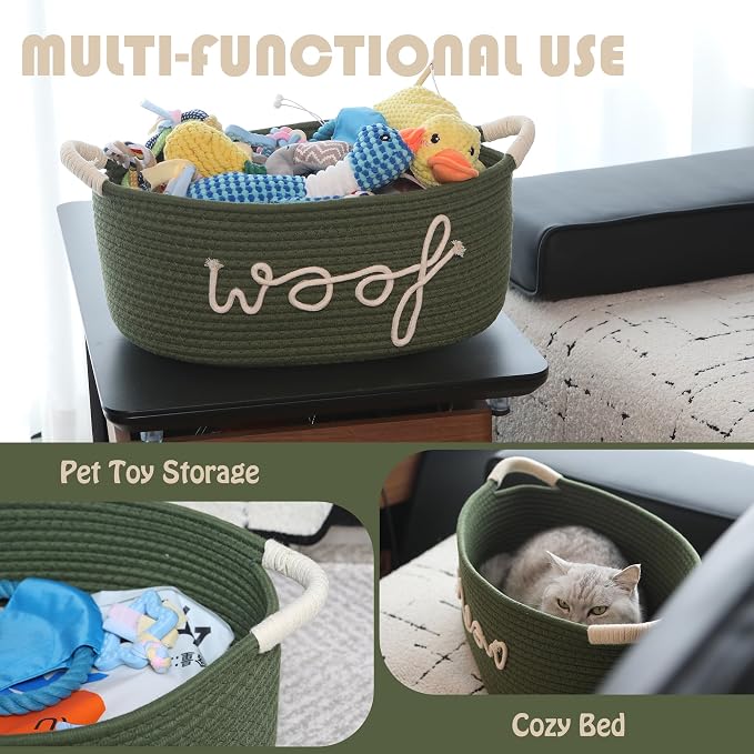 Sea Team Dog Toy Storage Basket with Handles, Green Woof | Large Cotton Rope Storage Bin, Shelf Basket, Organizer for Pet Chew Toys, Foods, 16.5 x 11 x 7 Inches, 4.4 Gallons