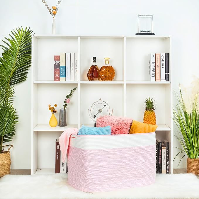 112L Extra Large Blanket Basket Holder Living Room, 25"x17"x16" Rectangle Rope Woven Storage Basket with Handles for Laundry, Towels, Shoes, Dog Toy Organizer Bin Box, Light Pink