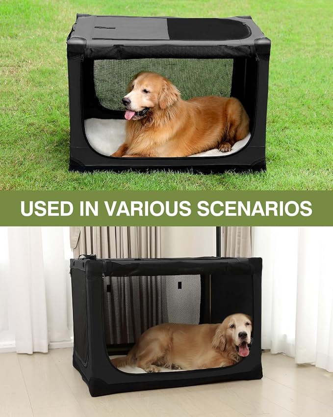 33 x 25 x 25 Inch Collapsible Soft Dog Crate for Dogs Up to 70 lbs, Portable Travel Pet Kennel with 4 Zip Doors, Foldable Indoor Outdoor Crate with Mat, Carry Bag, Black