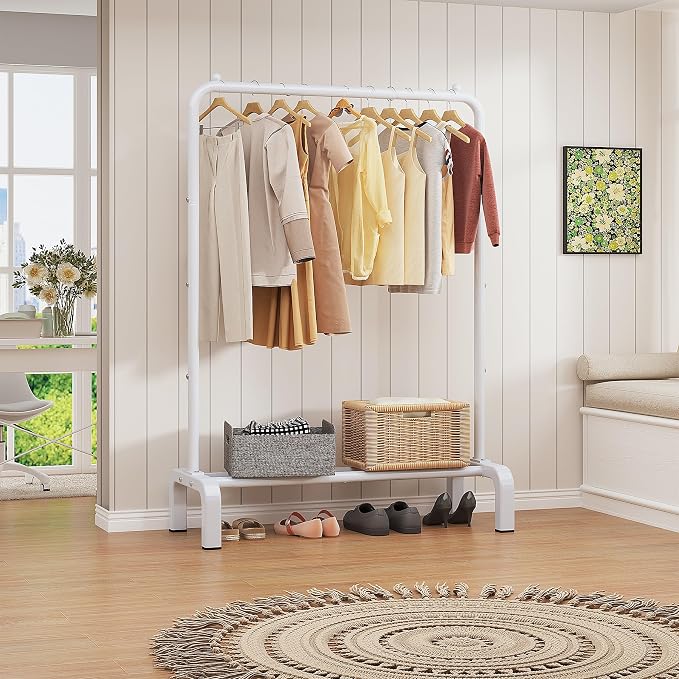 Garment Rack Clothing Clothes Rack for Clothes Organizing White | Standard Metal 34 Inches Garment Rack with Bottom Shelf for Hanging Clothes Coats Jackets Shirts Sweaters Jeans White