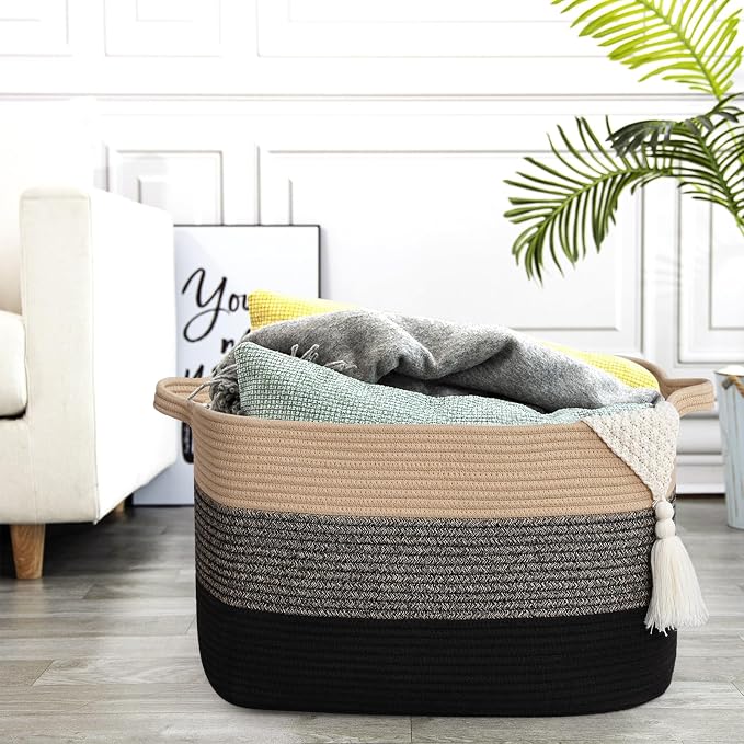 Large Blanket Basket, 100L Storage Baskets for Organizing, Woven Laundry Basket for Blankets, Cotton rope Blanket Storage for Living Room, Nursery Room, 24.8"L x 15.74"W x 15.74"H, Brown & Black