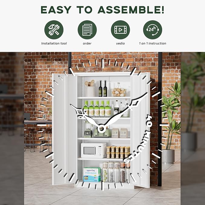 Greenvelly Metal Storage Cabinet, 72" Locking Metal Garage Storage Cabinet with Doors and 4 Adjustable Shelves, Lockable Steel Cabinets for Home Office, Garage, Shop, School (White 36" W x 18" D)