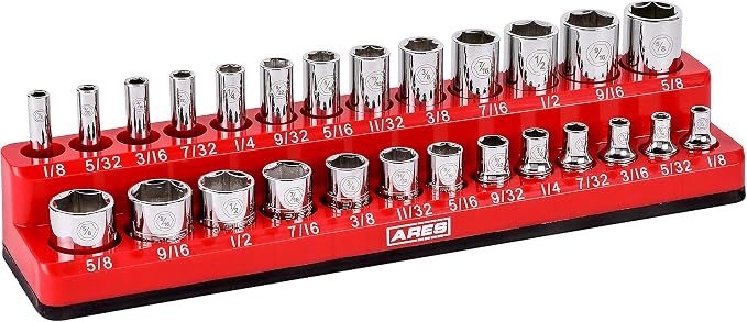 ARES 70232 26-Pc 1/4-In SAE Magnetic Socket Organizer | Part No. 70232; 13 Standard Size and 13 Deep Size Socket Holder; Keeps Your Tool Box Organized