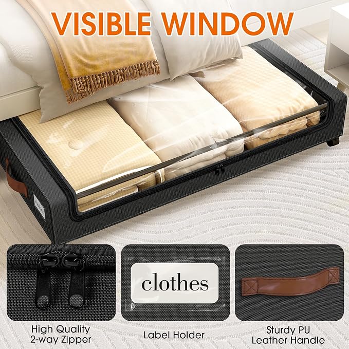 Under Bed Storage with Wheels 1Pack Storage Containers with Clear Window | Under Bed Drawers Rolling Under Bed Storage for Clothes,Shoes, Blankets (30.71 x 16.93 x 6.69 in, Black)