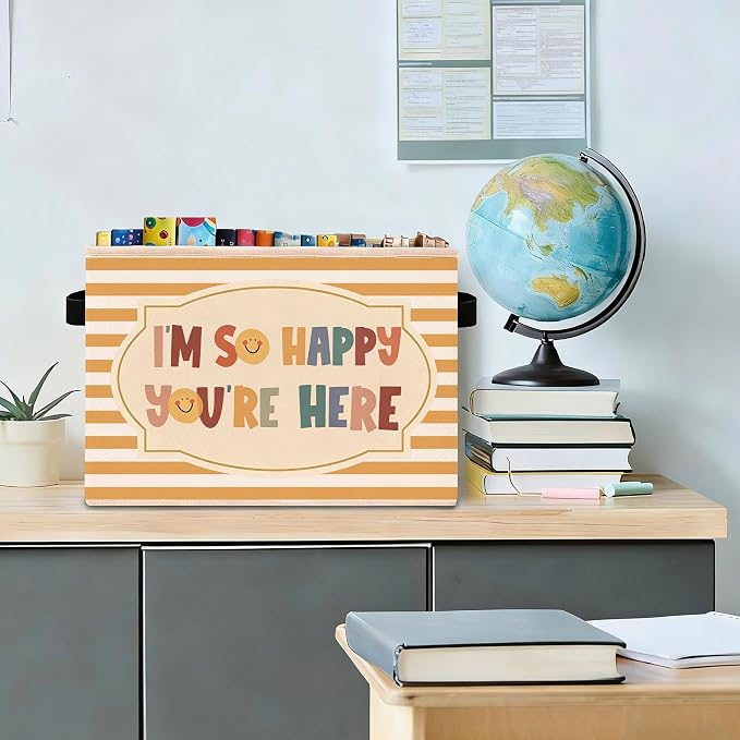 Welcome Storage Bin, Foldable Fabric Basket for Kids Room Classroom | Foldable fabric storage bin with welcome quote design for toys, books, clothes, nursery, classroom, and playroom use.