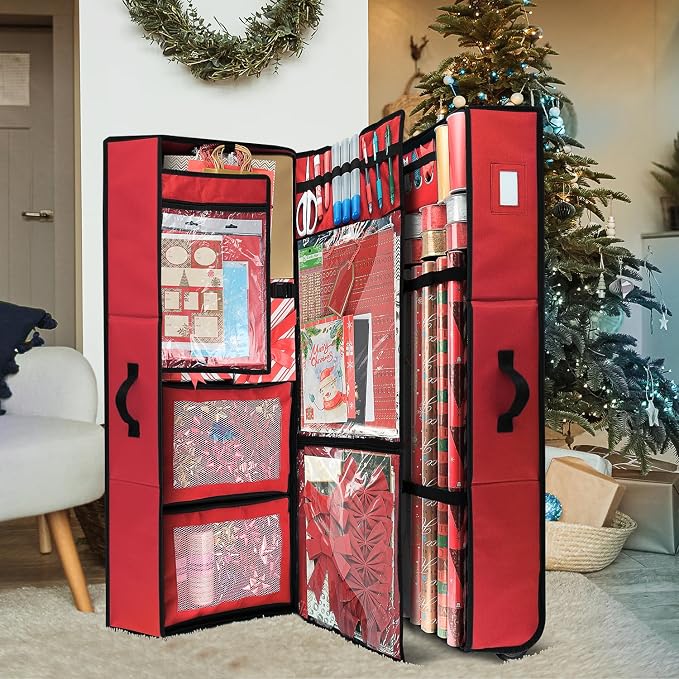 Hearth & Harbor Wrapping Paper Storage Container with Ribbon Dispenser and Interior Pockets - Large Christmas Storage Containers with Wheels, Fits 30 Rolls of 40" Length, Red