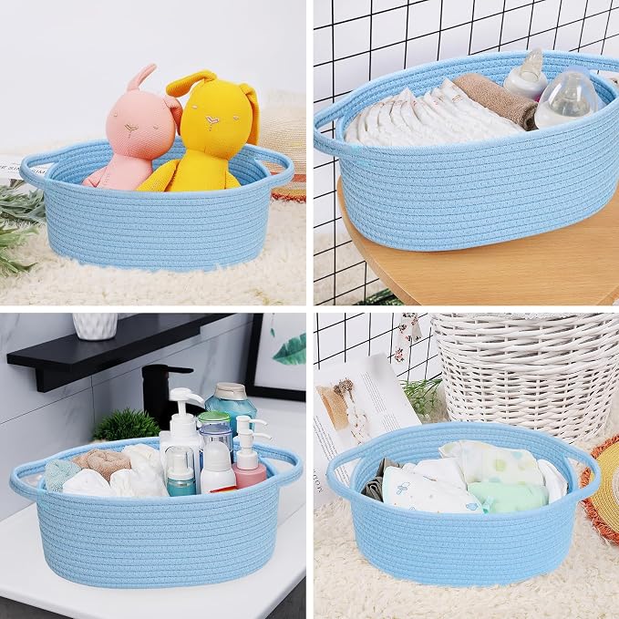 ABenkle Small Basket with Handles, Boho Decorative Rope Woven Dog Cat Toy Storage Bin Shelf Storage Organizer, Easter Christmas Gift Basket, 12"x8"x5", Blue
