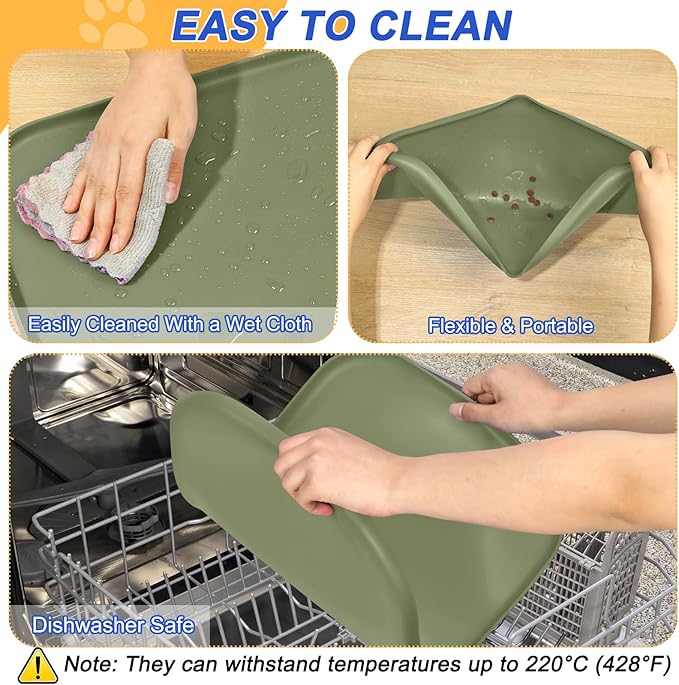 SMILOOL Silicone Pet Feeding Mat with Raised Edge for Food and Water, Dog Bowl Mats, Cat Bowls Placemat with High Lip for Floor Waterproof, Rubber Tray for Cats and Dogs 19 x 12 x0.7 Light Olive Green