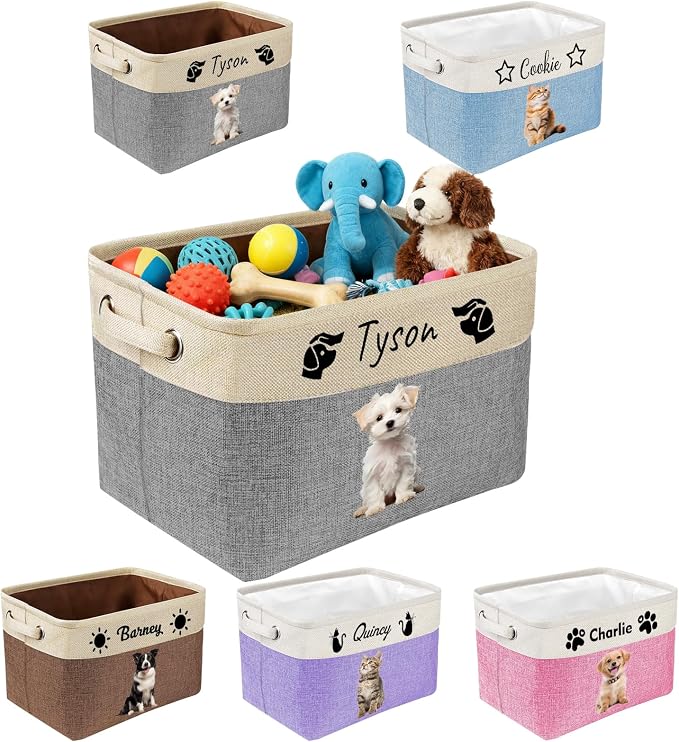 Personalized Dog Toy Storage Basket with Photo Name | Custom Dog Food Organizer Fabric Bins for Clothes Blankets Dolls-Grey