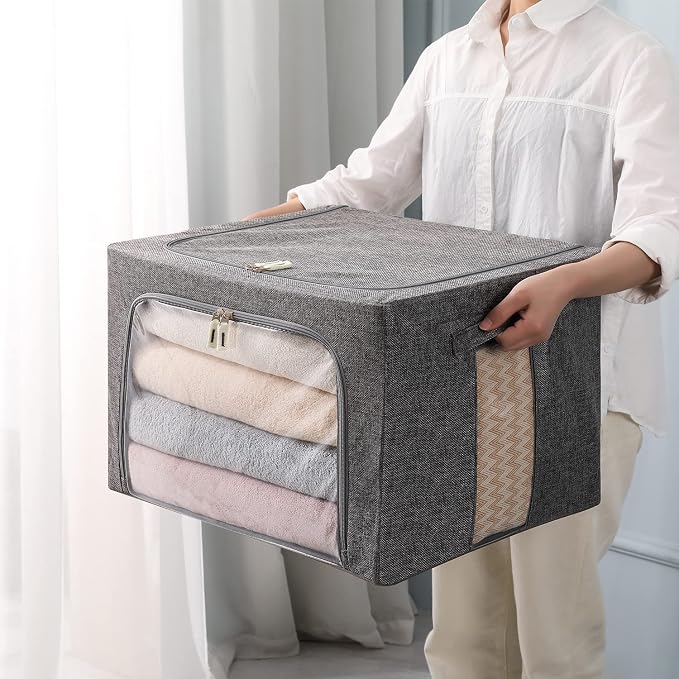 CYhom 3Pack Foldable Storage Bins - Frame Storage Box Linen Fabric Stackable Clothes Container Organizer with Clear Window & Carry Handles Large Capacity (Large-66L, Dark Gray)