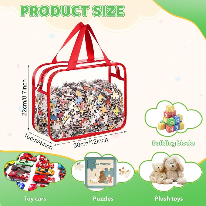 Toy Storage Bags 6 Pack, Clear PVC Toy Organizers, Colorful | Waterproof PVC, Large 30 x 10 x 22 CM Size, Label-Ready, For Toys, Books, Puzzles, Classroom and Travel