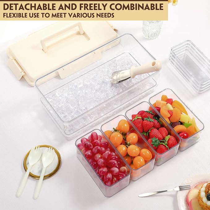 Chilled Condiment Caddy with Handle 4 Containers Taco Bar Serving set for a Party 1 Tong, 1 Ice Scraper, 4 Metal Forks, 20 Spoons for Mimosa Bar Supplies Accessories(Beige)