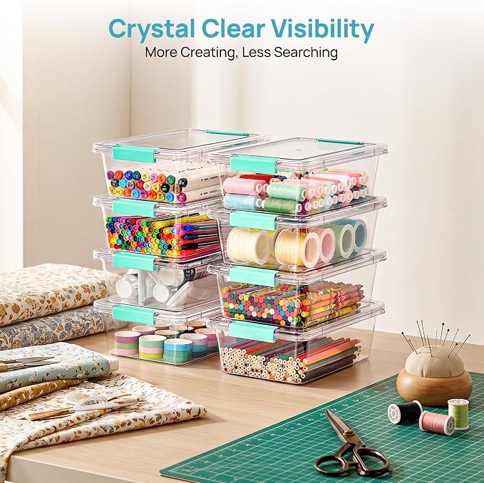 Vtopmart 4 Pack 3 Qt Clear Storage Bins with Lids for Building Blocks，Craft | Stackable Plastic Organizer Box for Home, Classroom, Office, Craft Room, Small Containers for Art Supplies, Stationery
