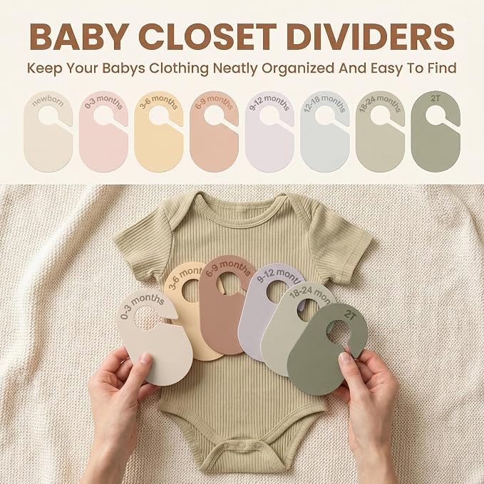 8 Pcs Baby Closet Dividers, Nursery Clothes Organizer | Neutral Baby Clothes Organizer, Baby Nursery Decor Clothes Size Dividers, Clear Label for Easy Sorting, Fits Most Rods
