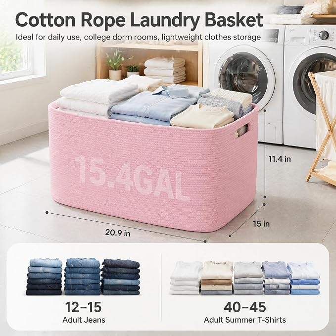Cotton Rope Laundry Basket Medium, 15.4GAL Collapsible Woven Storage Baskets for Living Room Kids Toys Stuffed Animal,Boho Rectangular Decorative Short Hamper for Dirty Clothes, Blankets Light Pink