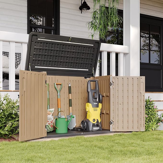 Aoxun Outdoor Storage Cabinet 35 Cu.Ft Outdoor Trash Can Storage Shed,Brown | Waterproof Horizontal Storage Shed Outdoor Storage for Garbage Bin, Generator, and Lawn Mower