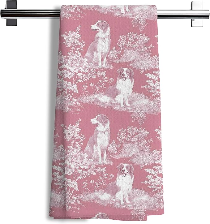 Border Collie Dog Gifts for Pink Chinoiserie Floral Decor Kitchen Towels，Pink Border Collie Dog Print Grandmillennial Decorative Dish Tea Towels for Kitchen Bathroom,16x24 Inch