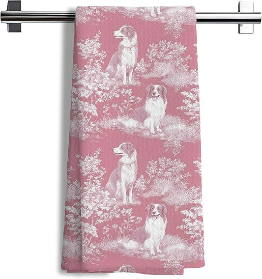 Border Collie Dog Gifts for Pink Chinoiserie Floral Decor Kitchen Towels，Pink Border Collie Dog Print Grandmillennial Decorative Dish Tea Towels for Kitchen Bathroom,16x24 Inch