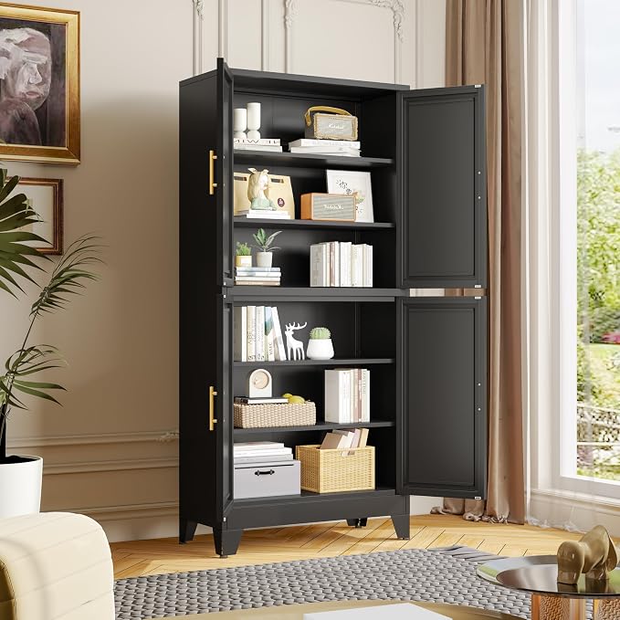 75" Tall Kitchen Pantry Cabinet, Black Metal Pantry Storage | Storage Cabinet with Doors and 3 Adjustable Shelves, Steel Storage, Bathroom cabinets Organizer, Cupboard for Home, Office
