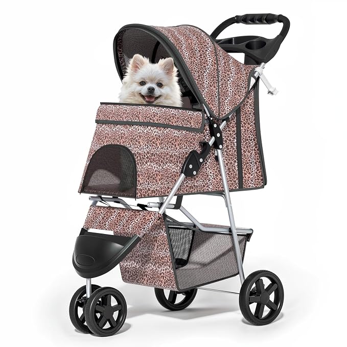 MoNiBloom Pet Stroller for Small/Medium Dogs and Cats, Leopard Print | Foldable Dog Stroller 3 Wheels Pet Strolling Cart w/ Storage Basket Cup Holder, Breathable and Visible Mesh for All-Season