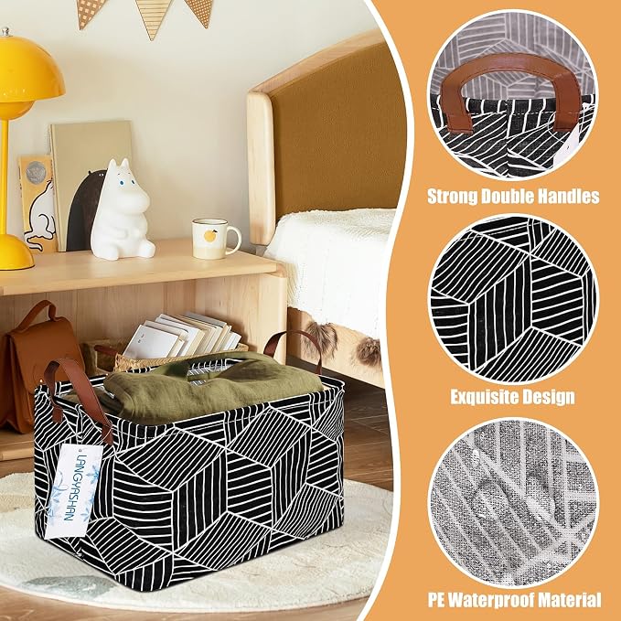 Rectangular Collapsible Storage Basket Nursery Organizer Black diamond | Storage Bin Foldable Canvas with Handles for Organizing Home Kitchen Children Toys Office Closet Shelf Baskets