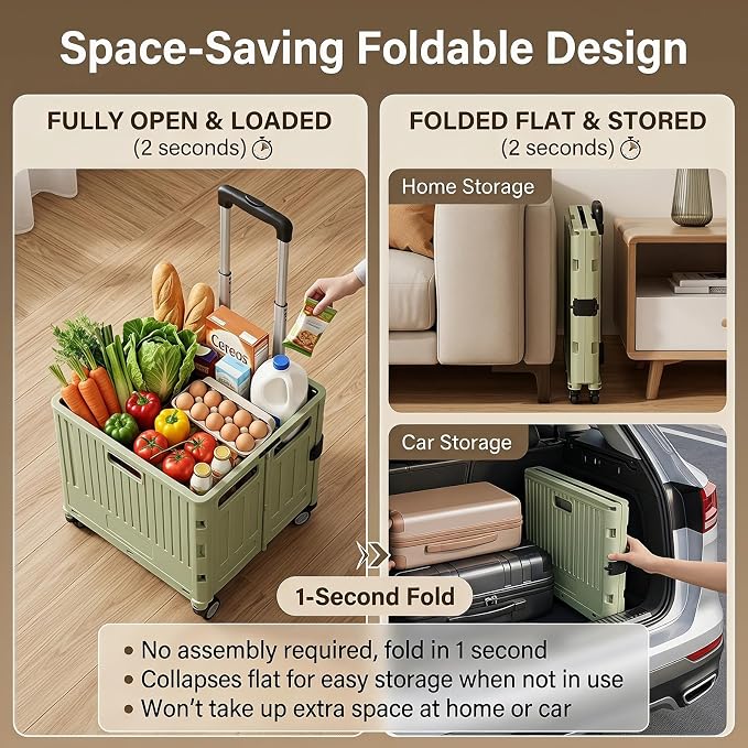 Foldable Rolling Storage Crate with Lid, Telescopic Handle & 4 Wheels, Portable Camping Shopping Box