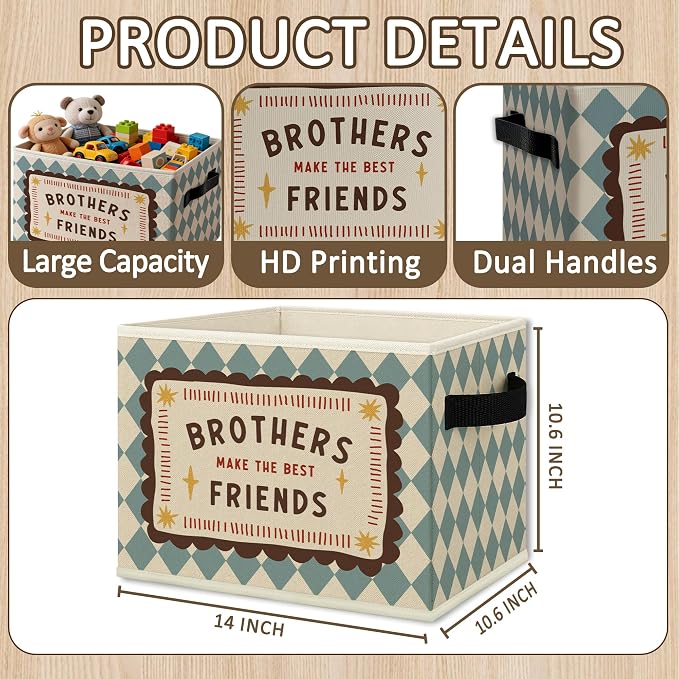 Boy Nursery Playroom Cube Storage Bins with Handles, Brothers Make the Best Friends Collapsible Fabric Storage Basket Boxes Books Clothes Organizer for Kids Boys Room Bedroom Bathroom