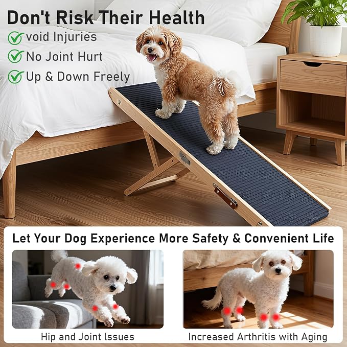 Wooden Dog Ramp for Couch High Bed, Non Slip Pet Ramps for Small Dogs and Cat with 6 Adjustable Height from 11.02'' to 25.2'', Portable 55.12'' Long Foldable Ramp for Dogs to Get on Bed Car