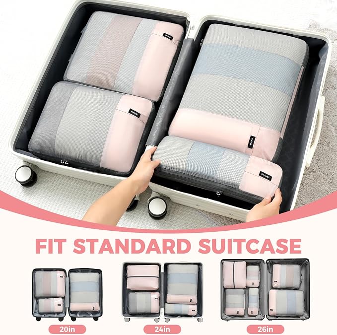 BAGAIL Lightweight Compression Packing Cubes for Travel, 6 Set, Pink | Salis Nylon Fabric,Anti-Tearing,Save Space,SBS Zippers,Packing List,PVC Tag Pocket,Custom Labels,Visible Mesh,Portable Handel